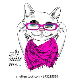 Vector white cat with pink glasses. Hand drawn illustration of kitten.