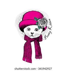 Vector white cat in a pink hat and scarf. Hand-drawing gel pen.