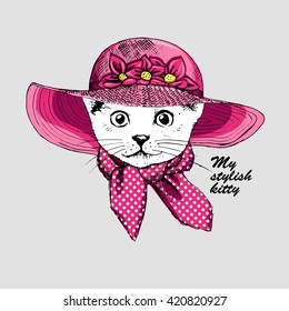 Vector white cat in a pink hat and neckerchief.
