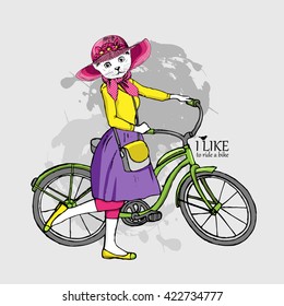 Vector white cat in a pink hat with a green bike. lady-cat. Kitty-girl.