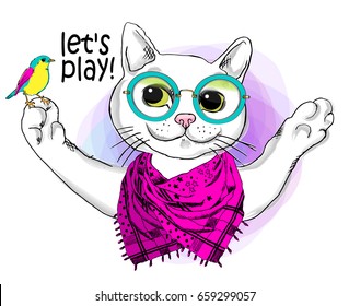 Vector white cat with pink scarf, bird and glasses. Hand drawn illustration of dressed cat. 