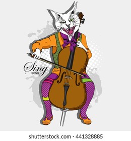 Vector white cat plays cello and sings. Hand drawn illustration of dressed cat. 