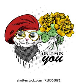 Vector white cat with red beret, scarf, glasses and bouquet. Hand drawn illustration of dressed cat with yellow roses.