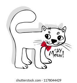 Vector white cat with red bow 2
