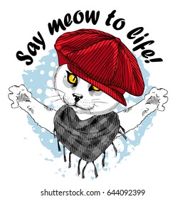 Vector white cat with red cap. Hand drawn illustration of cat.