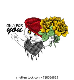 Vector white cat with red cap, scarf and bouquet. Hand drawn illustration of dressed cat with yellow roses.