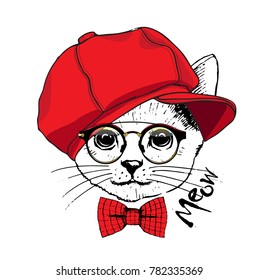 Vector white cat with red cap, glasses and bow. Hand drawn illustration of dressed cat.