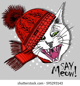 Vector white cat in a red hat, and scarf. Hand drawn illustration of dressed cat 