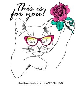 Vector white cat with rose and glasses. Hand drawn illustration of kitten. Greeting card