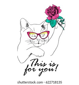 Vector white cat with rose and pink rose. Hand drawn illustration of kitten. Greeting card