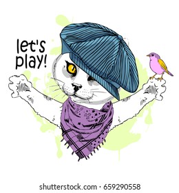 Vector white cat with scarf, cap and bird. Hand drawn illustration of dressed cat. 