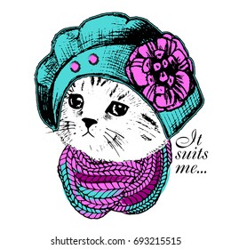 Vector white cat with scarf and knitted green beret. Hand drawn illustration of kitten.