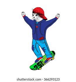 Vector white cat with skateboard. 