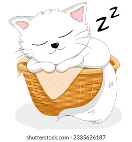 Vector white cat sleeping in Brown wicker basket