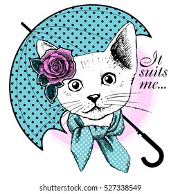 Vector white cat with umbrella and rose