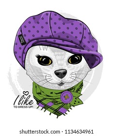 Vector white cat with violet cap and green scarf. Hand drawn illustration of dressed cat