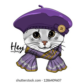 Vector white cat with violet hat and knitted scarf. Hand drawn illustration of dressed kitten.