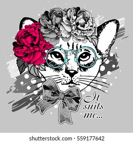 Vector white cat with wreath, glasses and bow. Hand drawn illustration of dressed cat.
