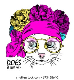 Vector white cat with wreath, glasses and bow. Hand drawn illustration of dressed cat.