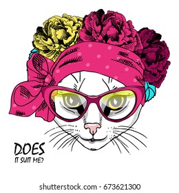 Vector white cat with wreath, neckerchief, glasses and bow. Hand drawn illustration of dressed cat.