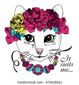 Vector white cat with wreath and necklace. Hand drawn illustration of dressed cat.