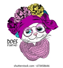 Vector white cat with wreath, pink glasses and knitted scarf. Hand drawn illustration of dressed cat.