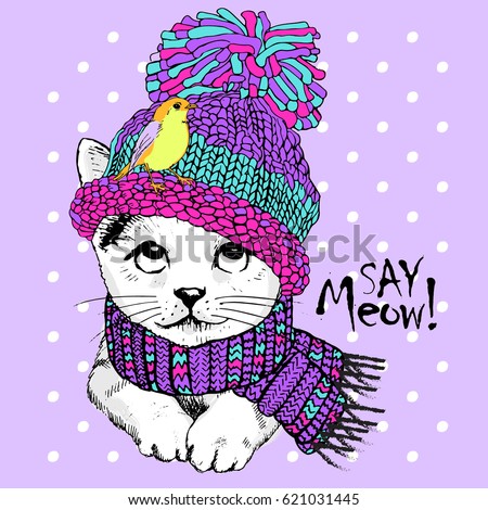 Vector white cat with yellow bird, knitted scarf and hat. Hand drawn illustration of white kitten.