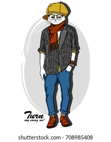 Vector white cat with a yellow cap and red scarf. Hand drawn illustration of dressed cat 