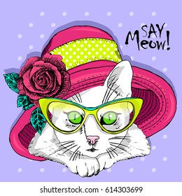 Vector white cat with yellow glasses and hat. Hand drawn illustration of white kitten.