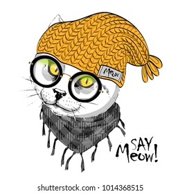 Vector white cat with yellow knitted hat, scarf and glasses. Hand drawn illustration of dressed cat.