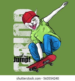 Vector white cat-boy with skateboards. Hand drawn illustration of dressed cat. 