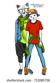 Vector white cat-girl and cat-boy. Hand drawn illustration of dressed cats. Romantic date. Only love.