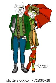 Vector white cat-girl and cat-boy with umbrella. Hand drawn illustration of dressed cats. Romantic date. Only love.