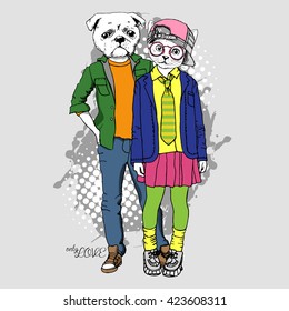 Vector white cat-girl and dog-boy. Hand drawn illustration of dressed dog and cat. Romantic date. 