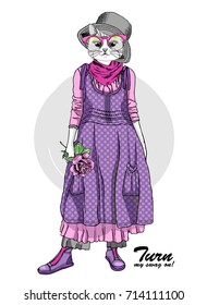 Vector white cat-girl with dress, grey hat and rose. Hand drawn illustration of dressed cat