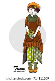 Vector white cat-girl with dress, orange beret and green scarf. Hand drawn illustration of dressed cat