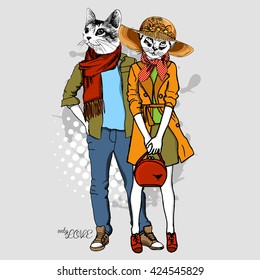 Vector white cat-girl in a hat and cat-boy. Hand drawn illustration of dressed cats. Romantic date.