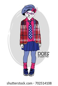 Vector white cat-girl with  hat and scarf. Hand drawn illustration of dressed cat