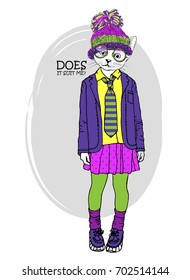 Vector white cat-girl with  hat and scarf. Hand drawn illustration of dressed cat