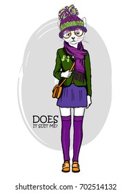 Vector white cat-girl with knitted violet hat and scarf. Hand drawn illustration of dressed cat