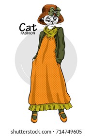 Vector white cat-girl with orange hat. Hand drawn illustration of dressed cat.