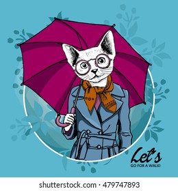 Vector white cat-girl with umbrella and glasses. Hand drawn illustration of dressed cat. 