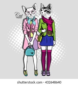 Vector white cat-girls. Hand drawn illustration of dressed cats. Girlfriends.