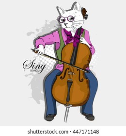 Vector white cat-man plays cello. Hand drawn illustration of dressed cat. 
