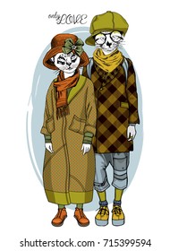 Vector white cats with glasses and hats. Hand drawn illustration of dressed cats. Romantic date. Only love. 3