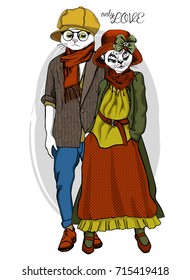 Vector white cats with glasses and hats. Hand drawn illustration of dressed cats. Romantic date. Only love. 1