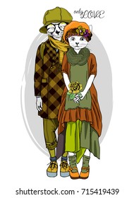 Vector white cats with glasses and hats. Hand drawn illustration of dressed cats. Romantic date. Only love. 4
