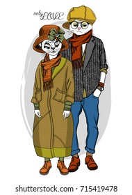 Vector white cats with glasses and hats. Hand drawn illustration of dressed cats. Romantic date. Only love. 3