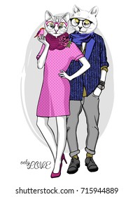 Vector white cats with glasses and hats. Hand drawn illustration of dressed cats. Romantic date. Only love. 2