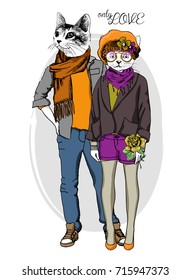 Vector white cats with glasses and hats. Hand drawn illustration of dressed cats. Romantic date. Only love. 4